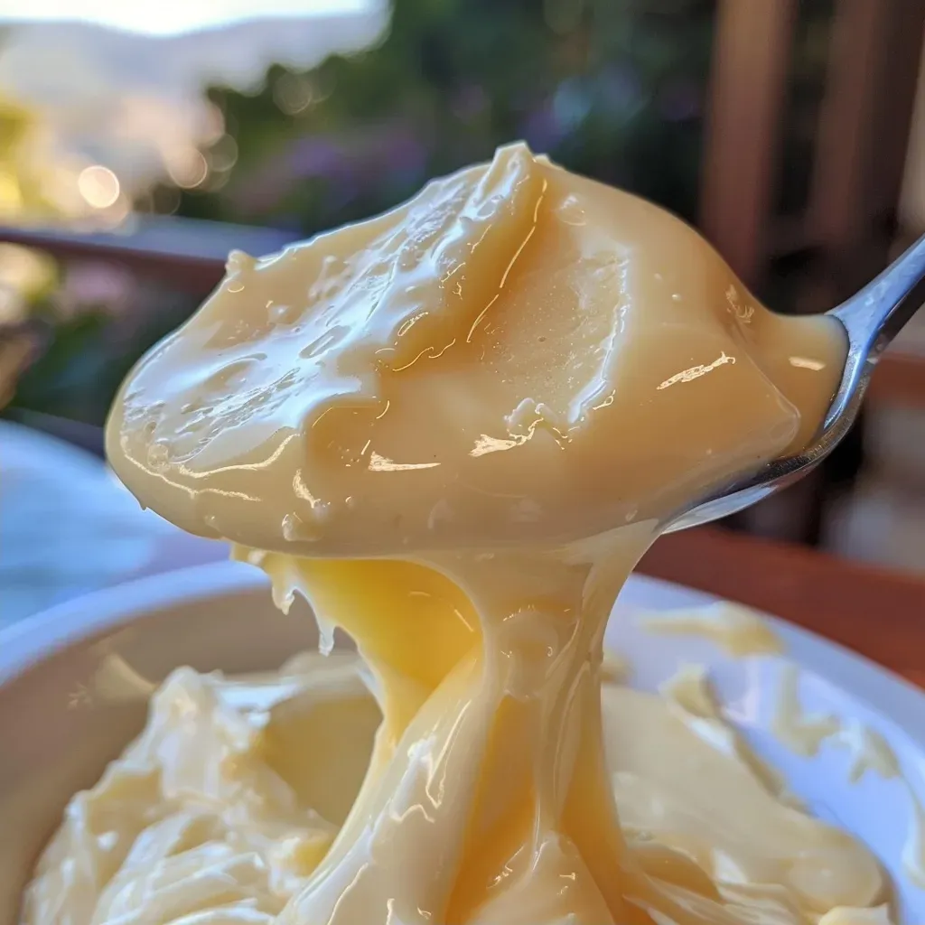 Side view of decadent white chocolate pâte à tartiner on a spoon.