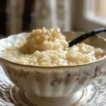 A close-up view of creamy riz au lait à la vanille in a bowl, showcasing its smooth texture and vanilla bean.