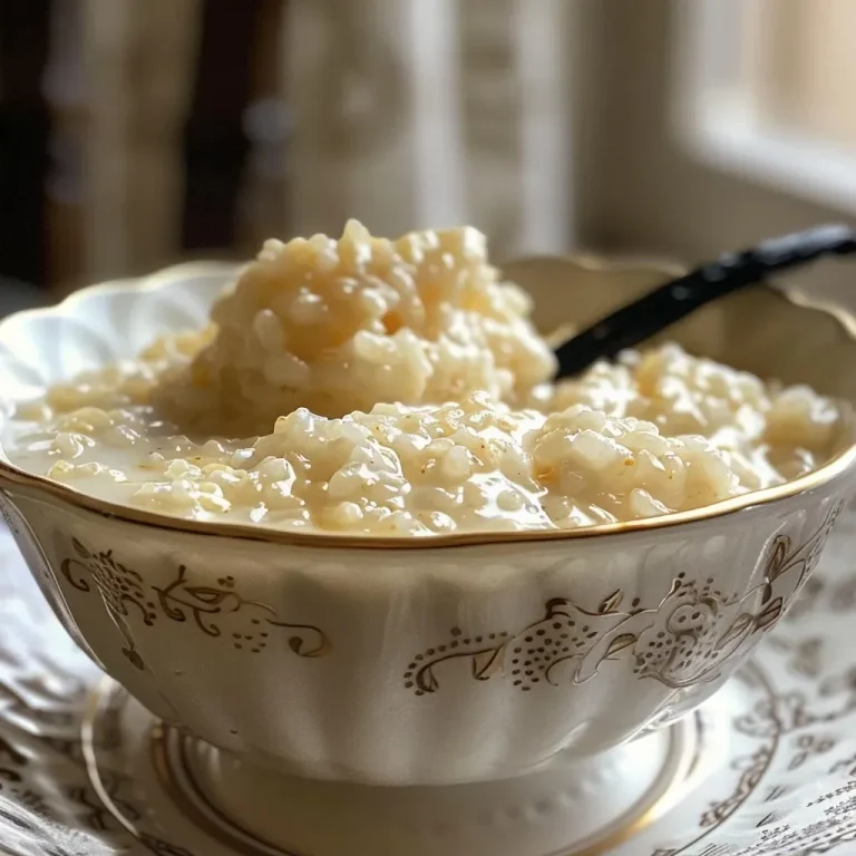 A close-up view of creamy riz au lait à la vanille in a bowl, showcasing its smooth texture and vanilla bean.