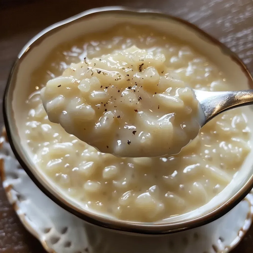 Side perspective of luscious riz au lait à la vanille, highlighting the dessert's rich consistency and garnished with a vanilla pod.
