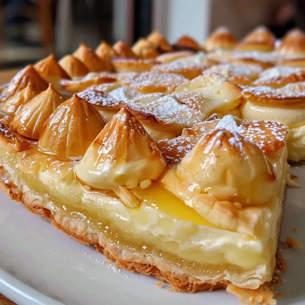 Side view of a decadent Saint-Honoré, featuring layers of cream and shiny caramel glaze.