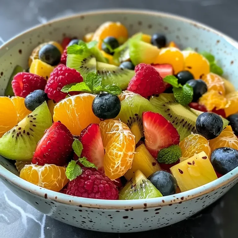 L’éclat des fruits d’été : ma salade colorée qui met du soleil dans l’assiette A colorful assortment of fresh fruits including mango, pineapple, oranges, kiwi, and mixed berries in a bowl.