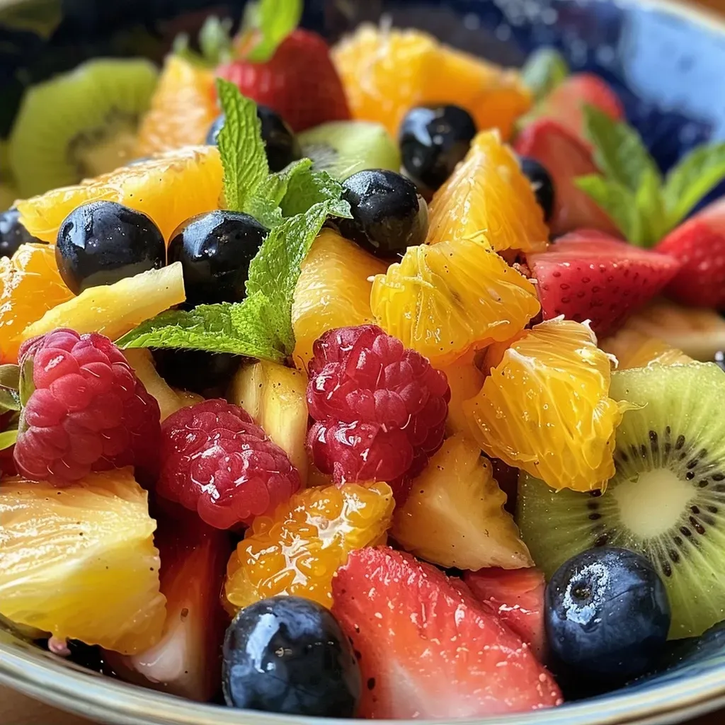 Close-up view of a vibrant fruit salad featuring mango, pineapple, strawberries, and raspberries arranged beautifully.