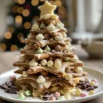 Close-up view of a decorated Christmas tree cake with green frosting and chocolate accents.