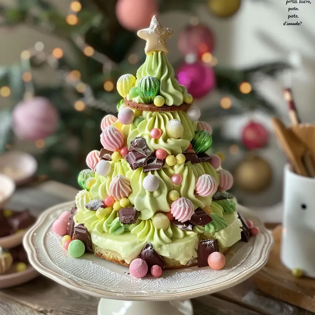Side profile of a festive sapin de Noël cake adorned with colorful candies and chocolate.