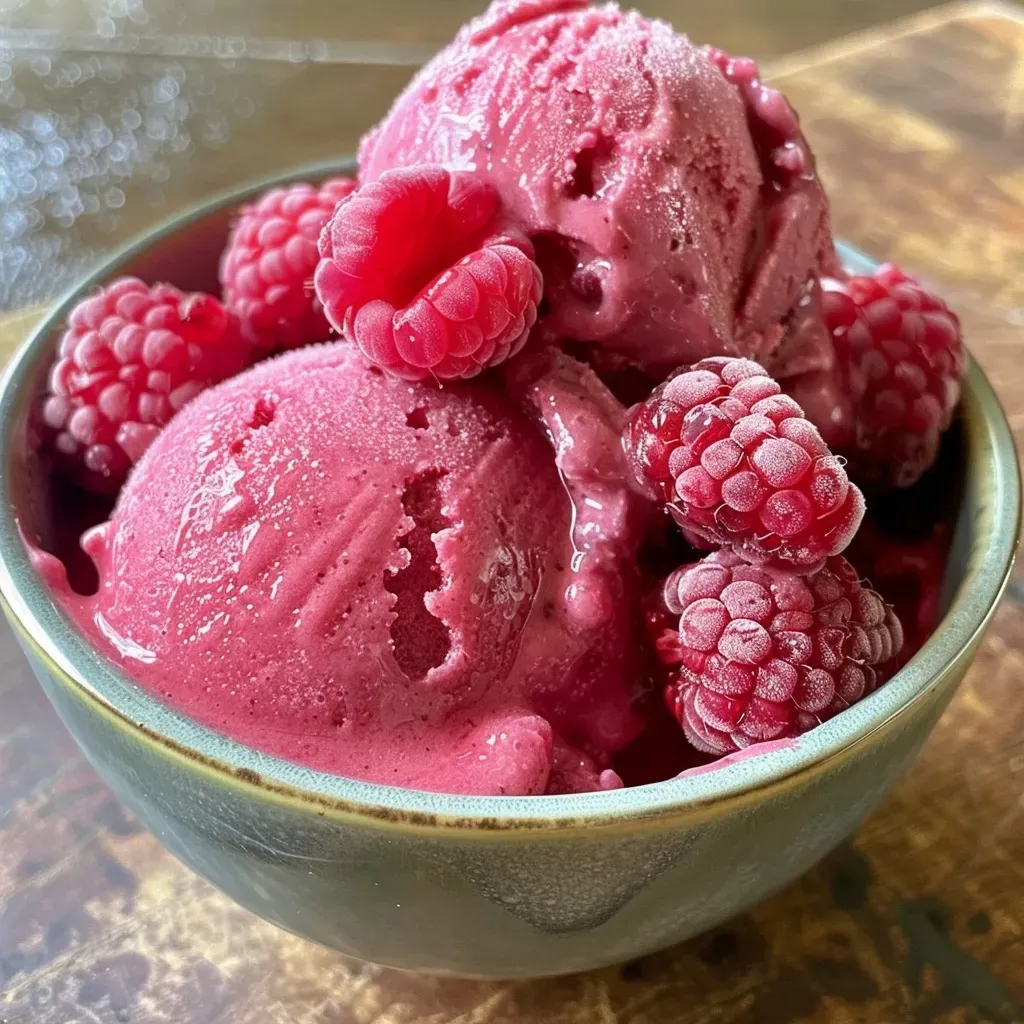 Side view of a luscious raspberry sorbet, garnished with fresh raspberries, in natural light.