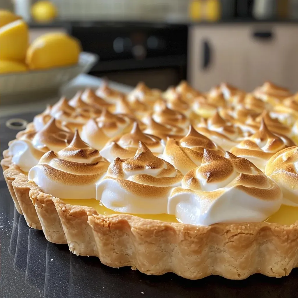 A tempting lemon meringue tart displayed on a plate, showcasing its golden meringue topping.