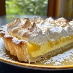 Close-up side view of a lemon meringue tart showcasing its glossy meringue topping.