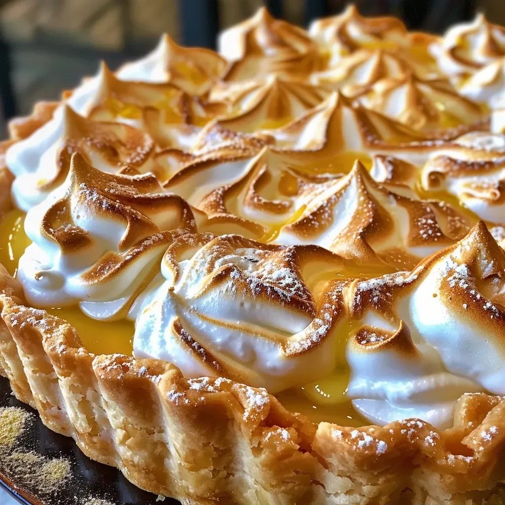 Detailed image of a lemon meringue pie slice with a golden crust and fluffy meringue.