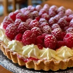 A side view of a raspberry mascarpone tart with a glossy finish and colorful fruit topping.