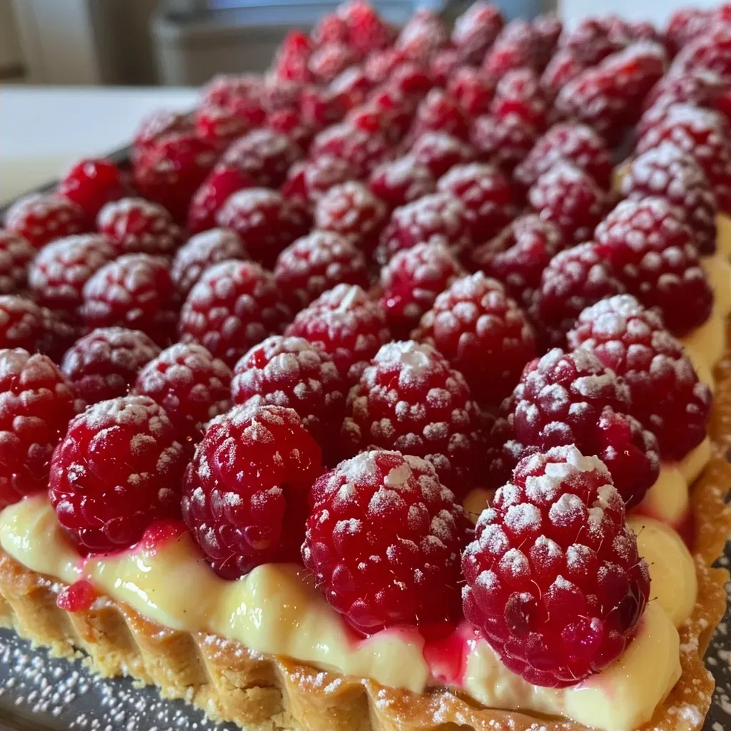 Close-up image of a delicious raspberry tart, showcasing layers of mascarpone and chestnut cream.