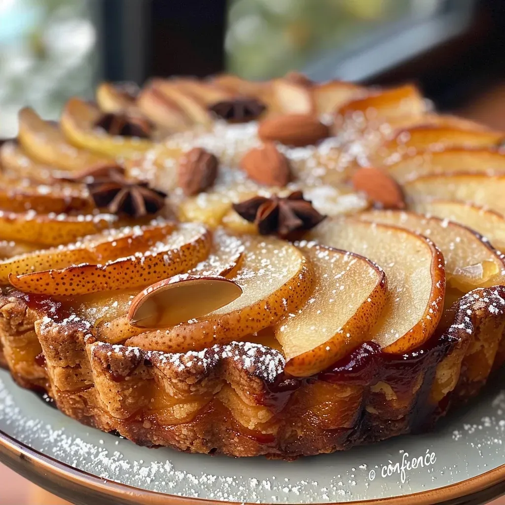 Side view of a delicious Tarte Bourdaloue with perfectly arranged pear slices and a light almond topping.
