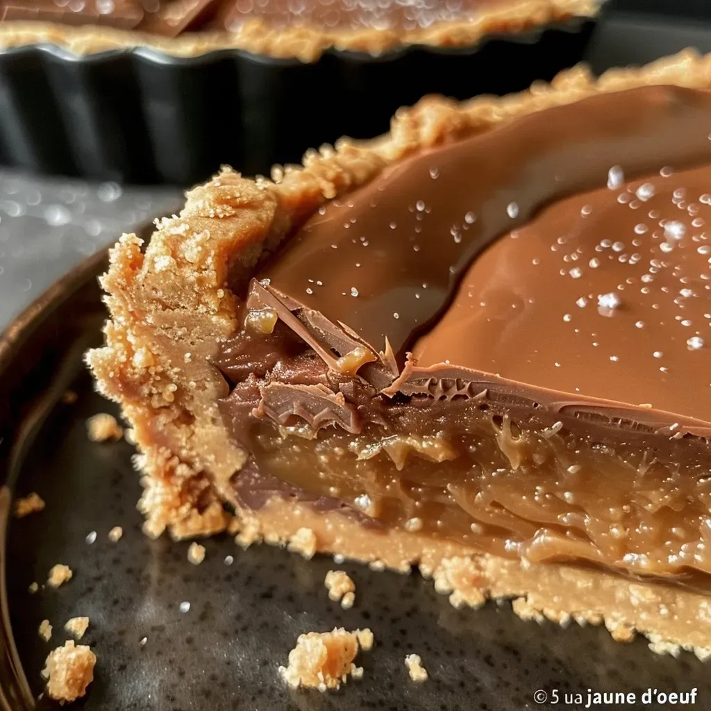 A close-up side view of a chocolate tart with caramel, showcasing its glossy top and flaky crust.