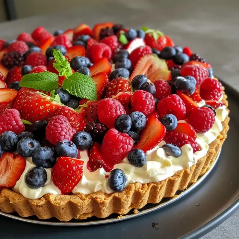 Close-up view of a fruit tart with a crumbly biscuit crust and vibrant red berries.