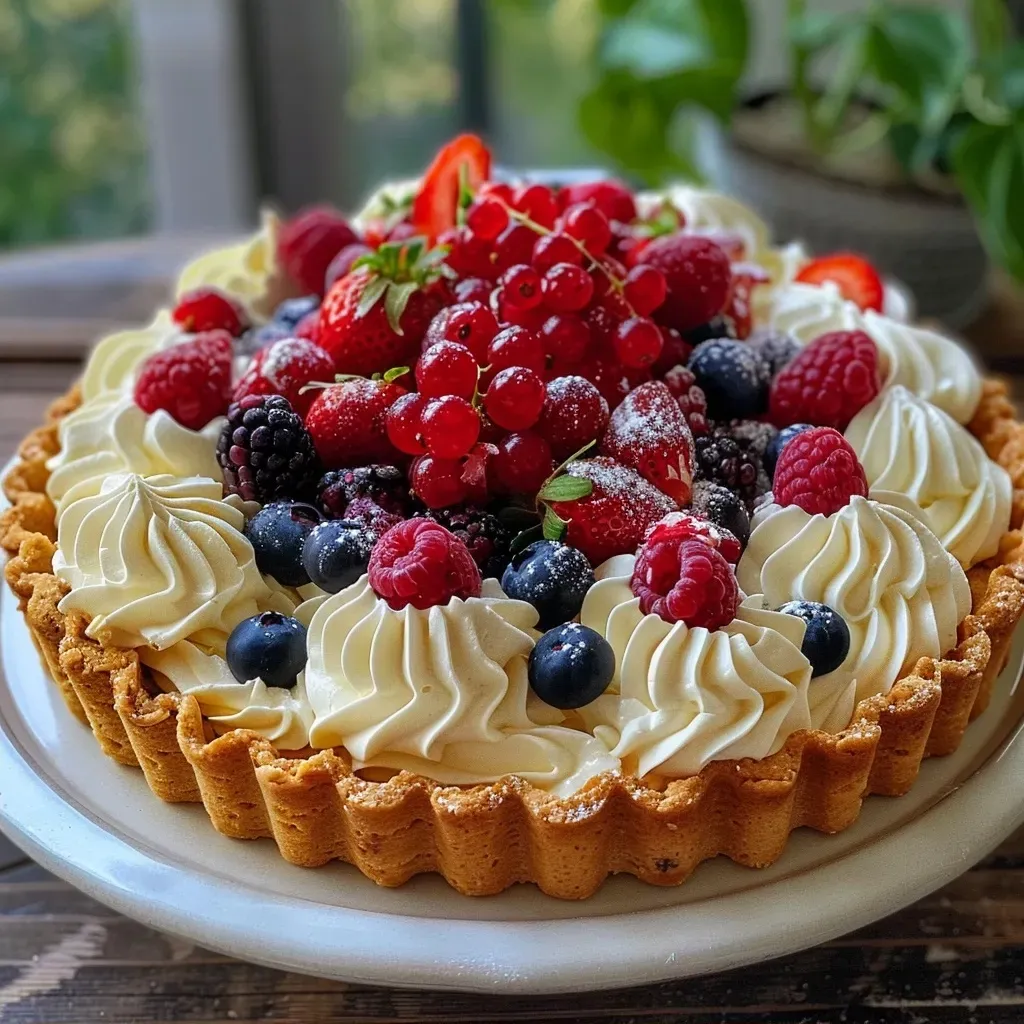 Side view of a no-bake fruit tart featuring an array of fresh red fruits atop a creamy filling.