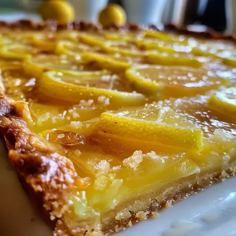Close-up view of a lemon tart with a golden crust and creamy filling.