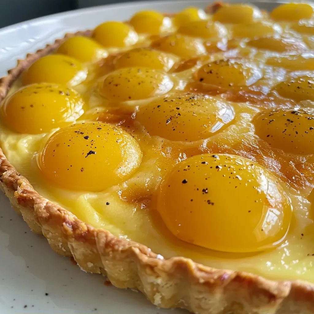 Side view of a lemon tart showcasing its vibrant yellow filling and buttery pastry.