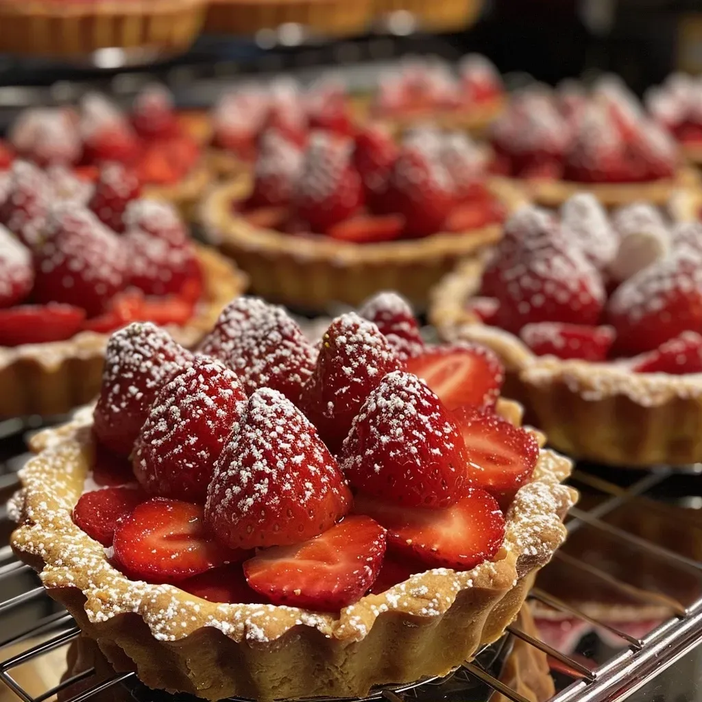 Close-up view of a strawberry tartlet with pastry cream.