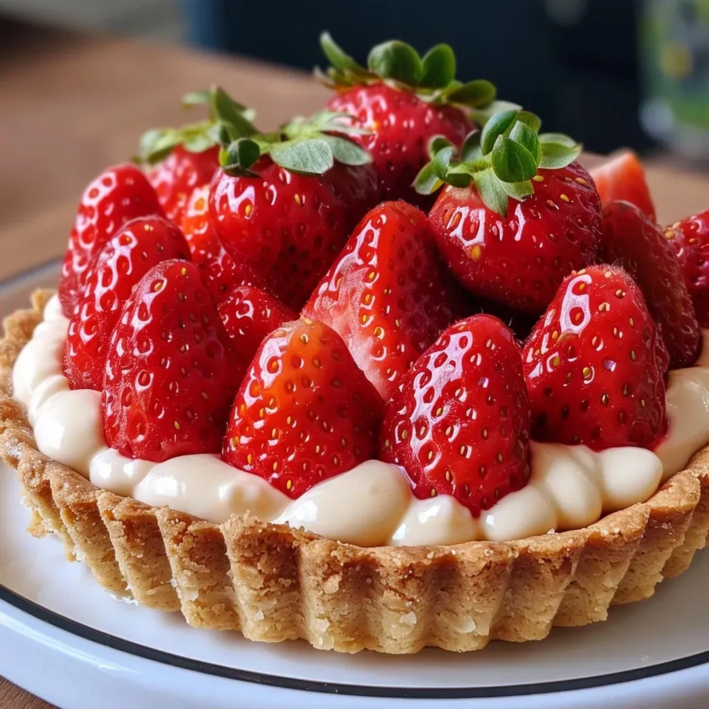 Side view of a delicious strawberry tart filled with cream.