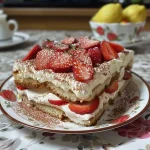 Close-up side view of a vibrant strawberry tiramisu with layers of cream and fruit.