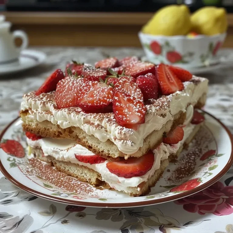 Close-up side view of a vibrant strawberry tiramisu with layers of cream and fruit.