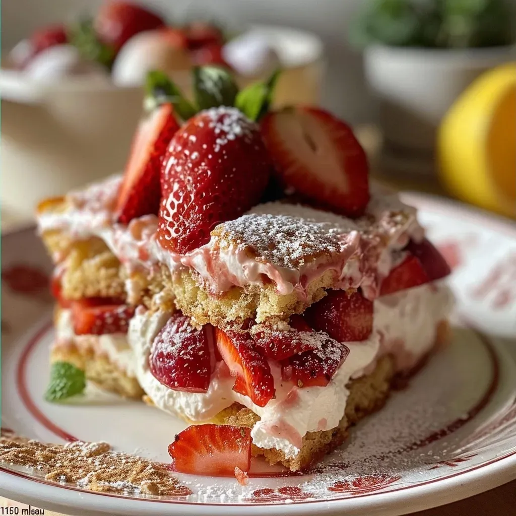 Close-up view of a delicious Tiramisu aux fraises topped with fresh strawberries.