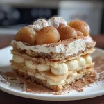 Close-up view of a layered tiramisu dessert featuring lychees and pink biscuits.