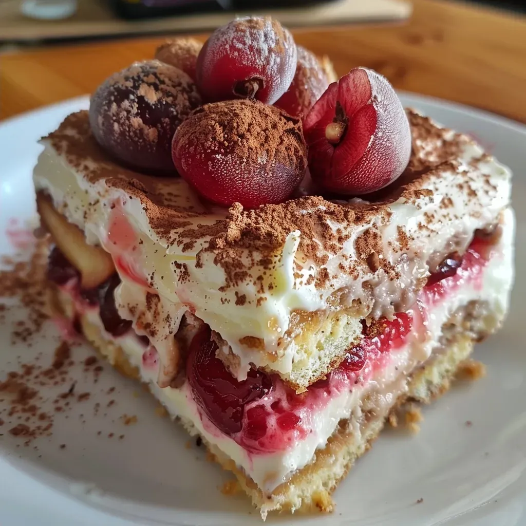 Side view of a gourmet tiramisu showcasing pink biscuits and fresh lychees.