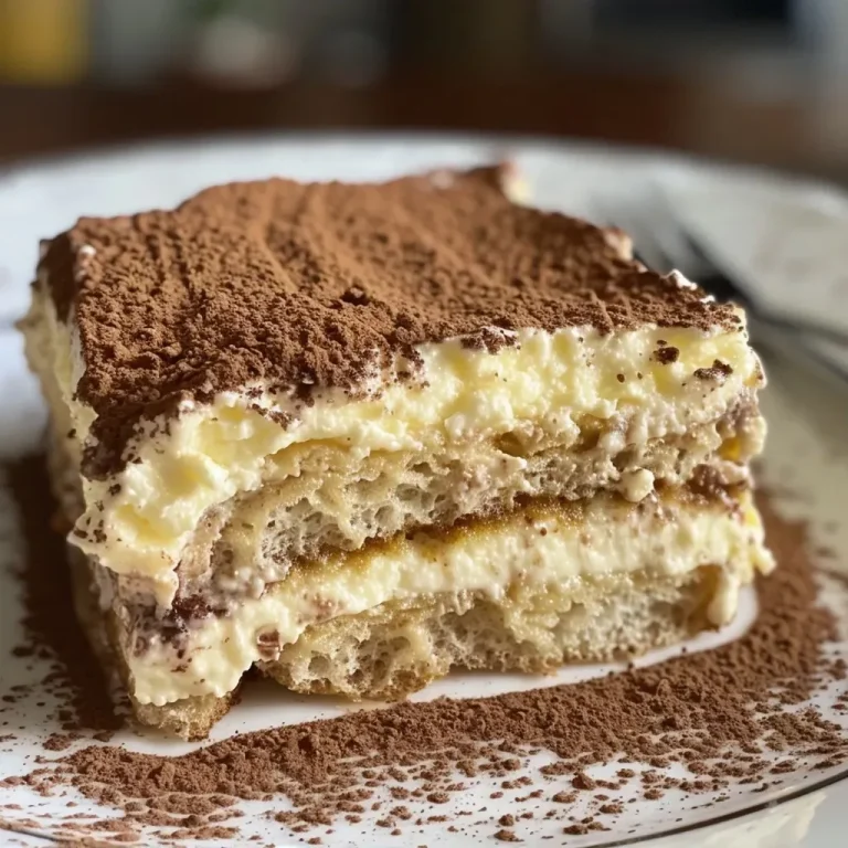 Close-up view of a classic Italian tiramisù with layers of coffee-soaked ladyfingers and creamy mascarpone.