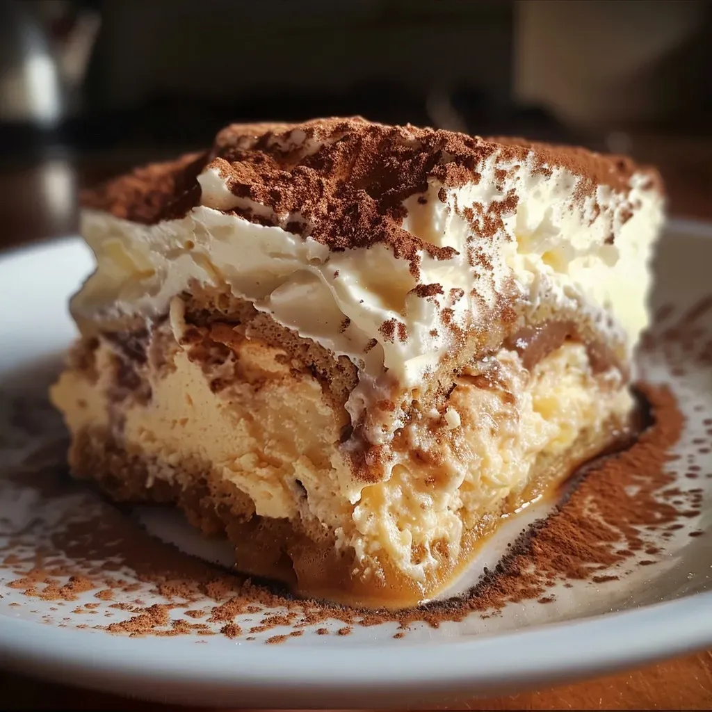Side view of a luscious tiramisù showcasing its rich layers of ricotta and cocoa dusting.