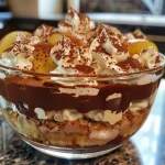 A close-up view of a chocolate and pear trifle with layers visible.