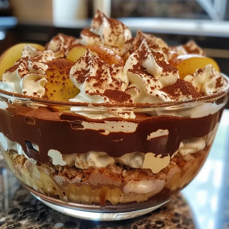 Trifle poires chocolat : l’alliance gourmande qui émerveille les papilles A close-up view of a chocolate and pear trifle with layers visible.