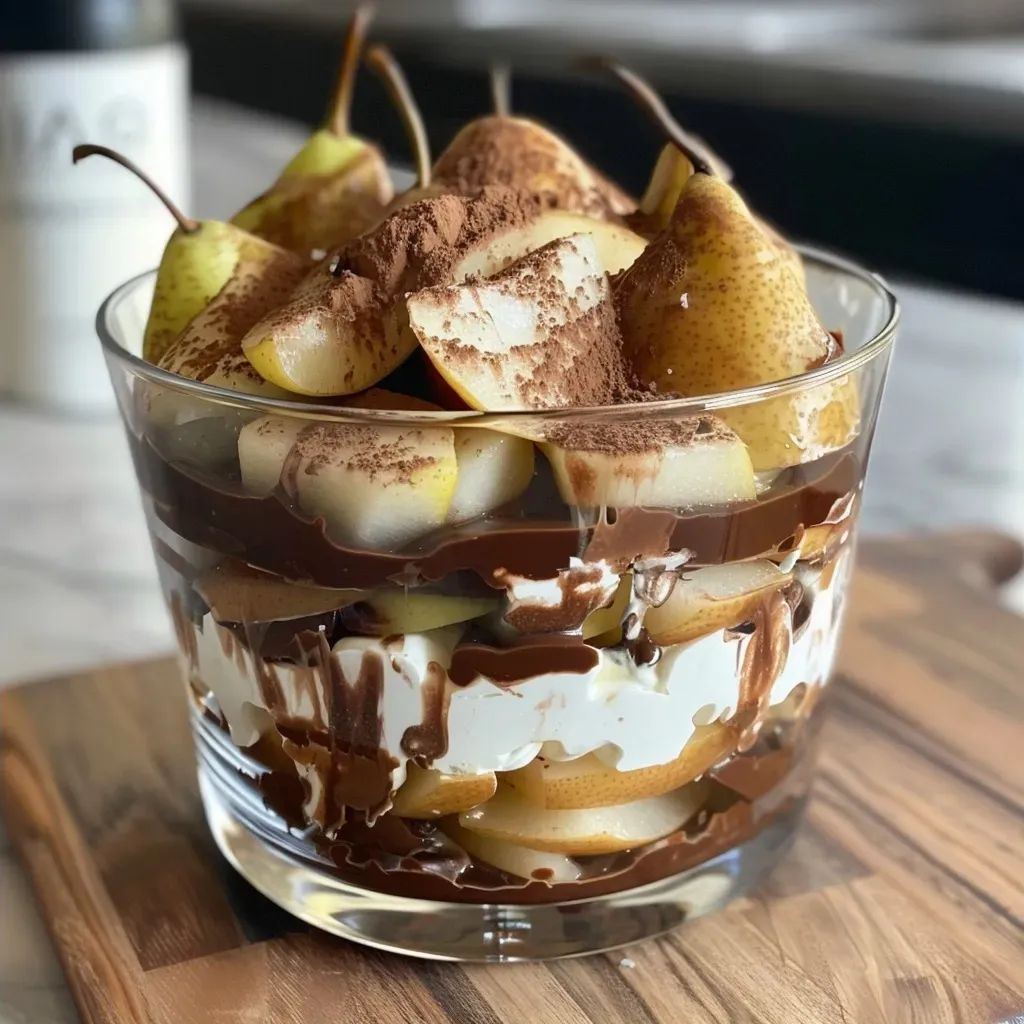 Side view of a decadent chocolate and pear dessert in a glass dish.