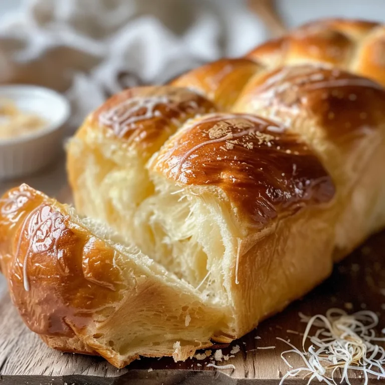 Close-up view of a soft, golden brioche loaf with a glossy finish.
