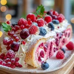 A close-up side view of a Bûche de Noël topped with red fruits.