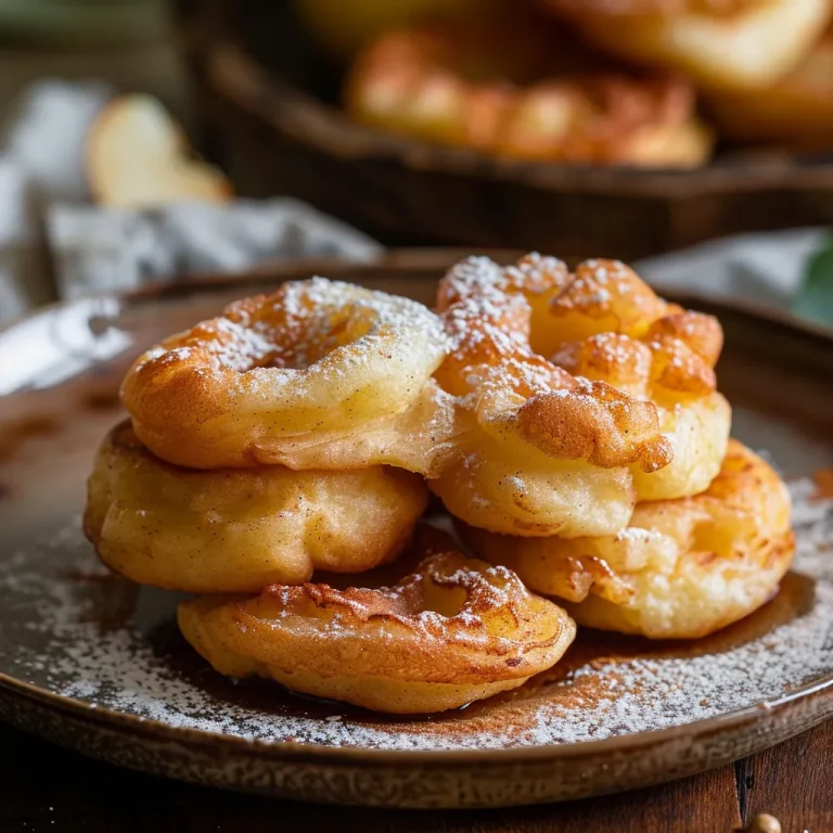 Close-up of golden brown beignets de pommes with a fluffy texture.