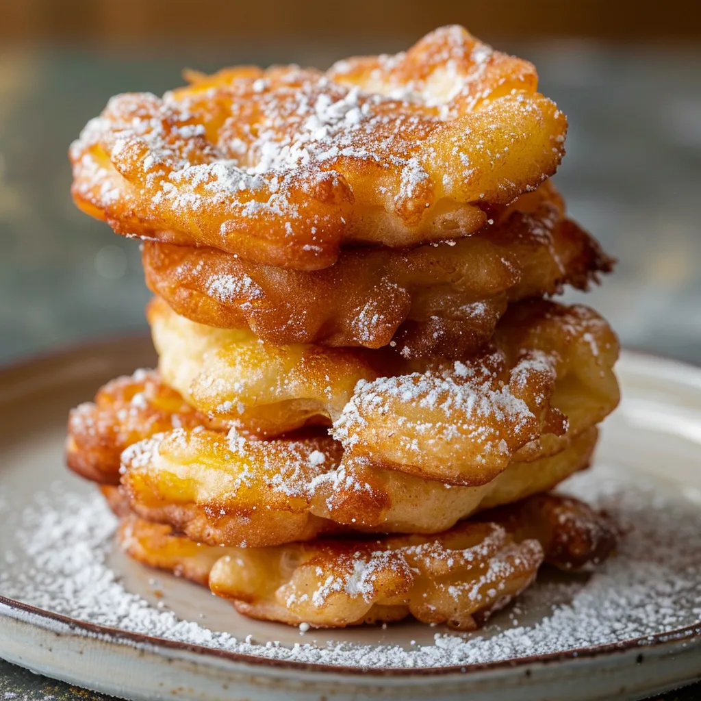 Side view of freshly fried beignets de pommes dusted with sugar.