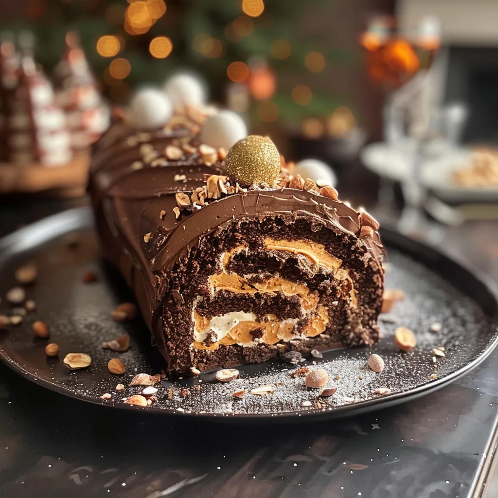 Close-up view of Bûche de Noël featuring chocolate and chestnut cream.