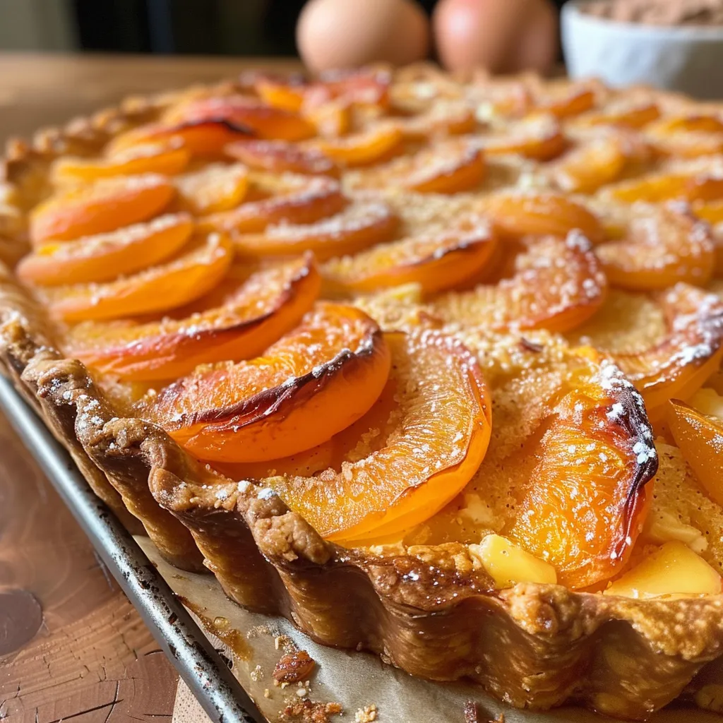 Close-up of a juicy apricot tart showcasing its almond cream and sliced apricots.