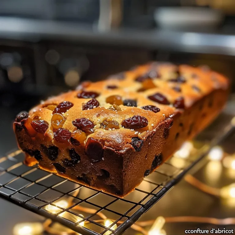 Close-up view of a moist cake aux fruits confits, showcasing colorful fruit pieces.
