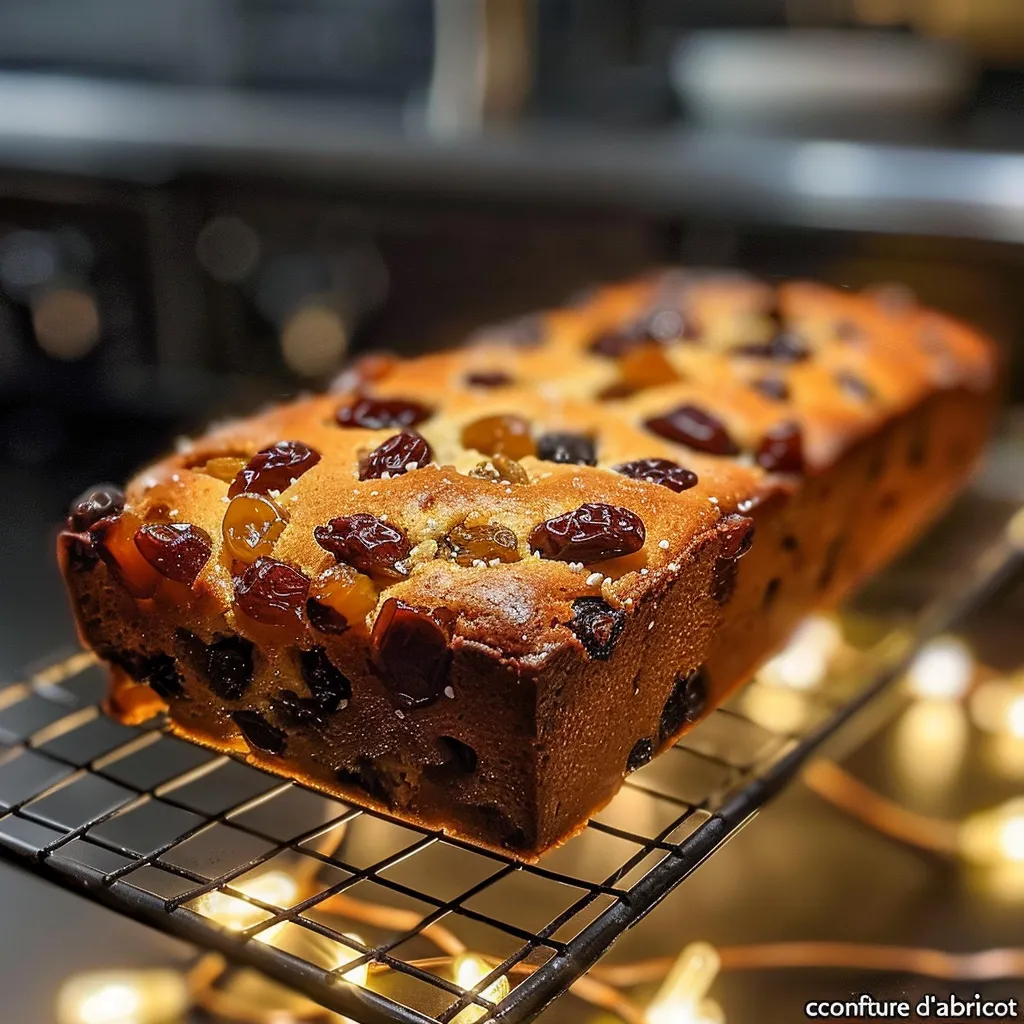 Close-up view of a moist cake aux fruits confits, showcasing colorful fruit pieces.