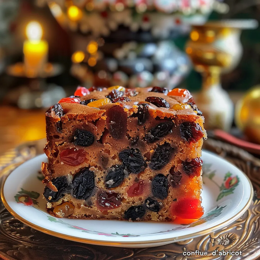 Side view of a beautifully baked cake aux fruits confits, highlighting its rich texture.