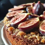 Close-up of a slice of gâteau aux figues with figs and almonds visible.
