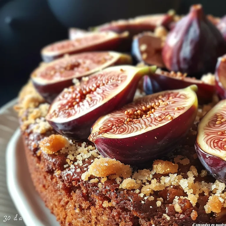 L’irrésistible gâteau aux figues, tout en douceur et en saveurs Close-up of a slice of gâteau aux figues with figs and almonds visible.