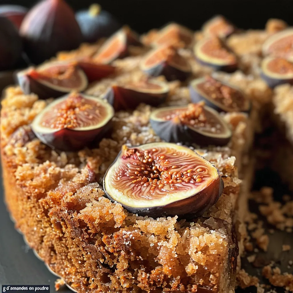 Side view of a moist gâteau aux figues showcasing its juicy texture and fig slices.