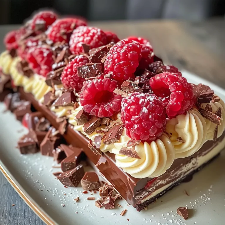 A close-up side view of a Bûche chocolat blanc framboise layered cake.