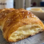 Close-up side view of a flaky, golden Pain au Chocolat with visible chocolate filling.