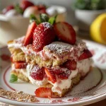 Close-up of a delicious strawberry tiramisu dessert, showcasing layers and vibrant strawberries.