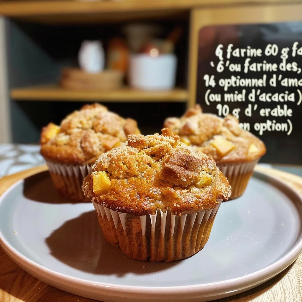 Side view of warm, golden-brown muffins featuring apples, oats, and raisins on a rustic wooden table.