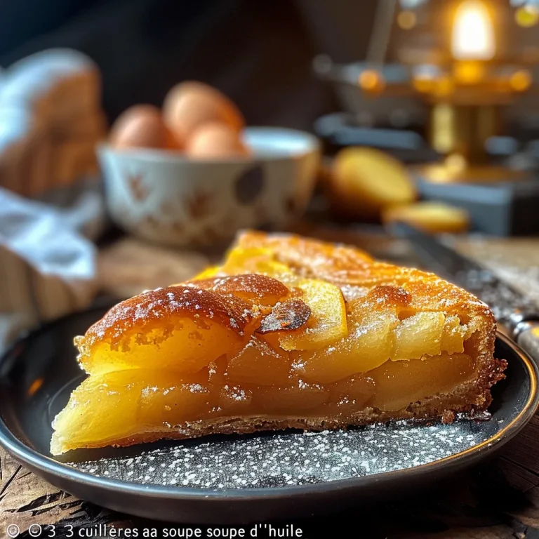 Le gâteau aux pommes et à la crème d’amande qui réchauffe le cœur A close-up side view of a slice of Gâteau aux pommes with almond cream.